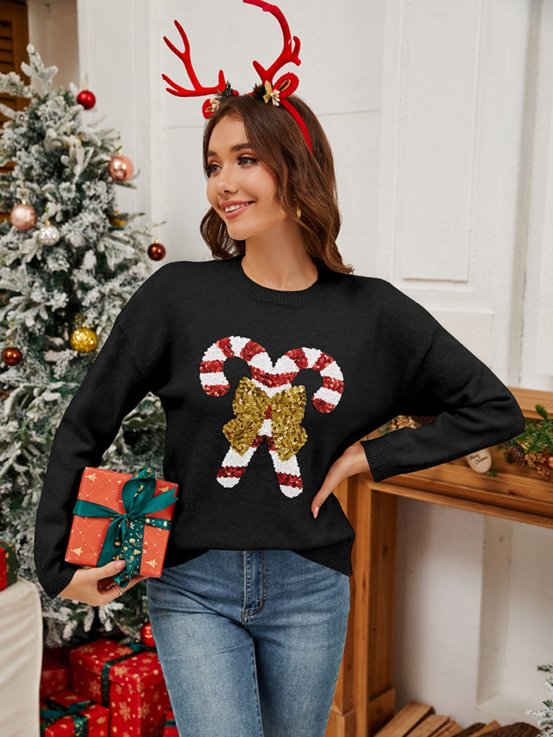 Sequin Candy Cane Round Neck Long Sleeve Sweater-Angel Casuals