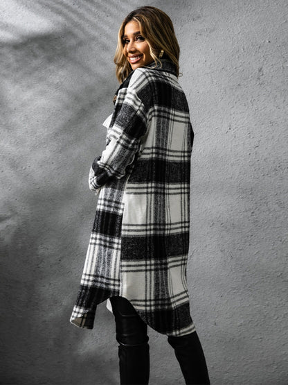 Plaid Collared Neck Long Sleeve Coat-Angel Casuals