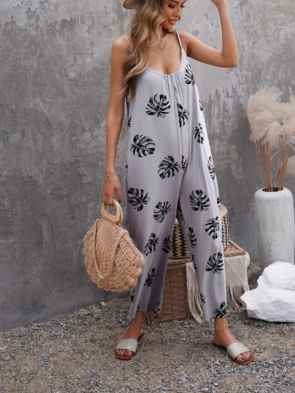 Printed Spaghetti Strap Jumpsuit with Pockets-Angel Casuals