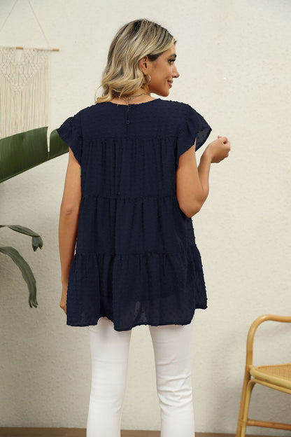 Swiss Dot Round Neck Tiered Blouse-Angel Casuals