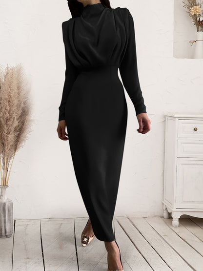 Ruched Turtleneck Long Sleeve Dress-Angel Casuals