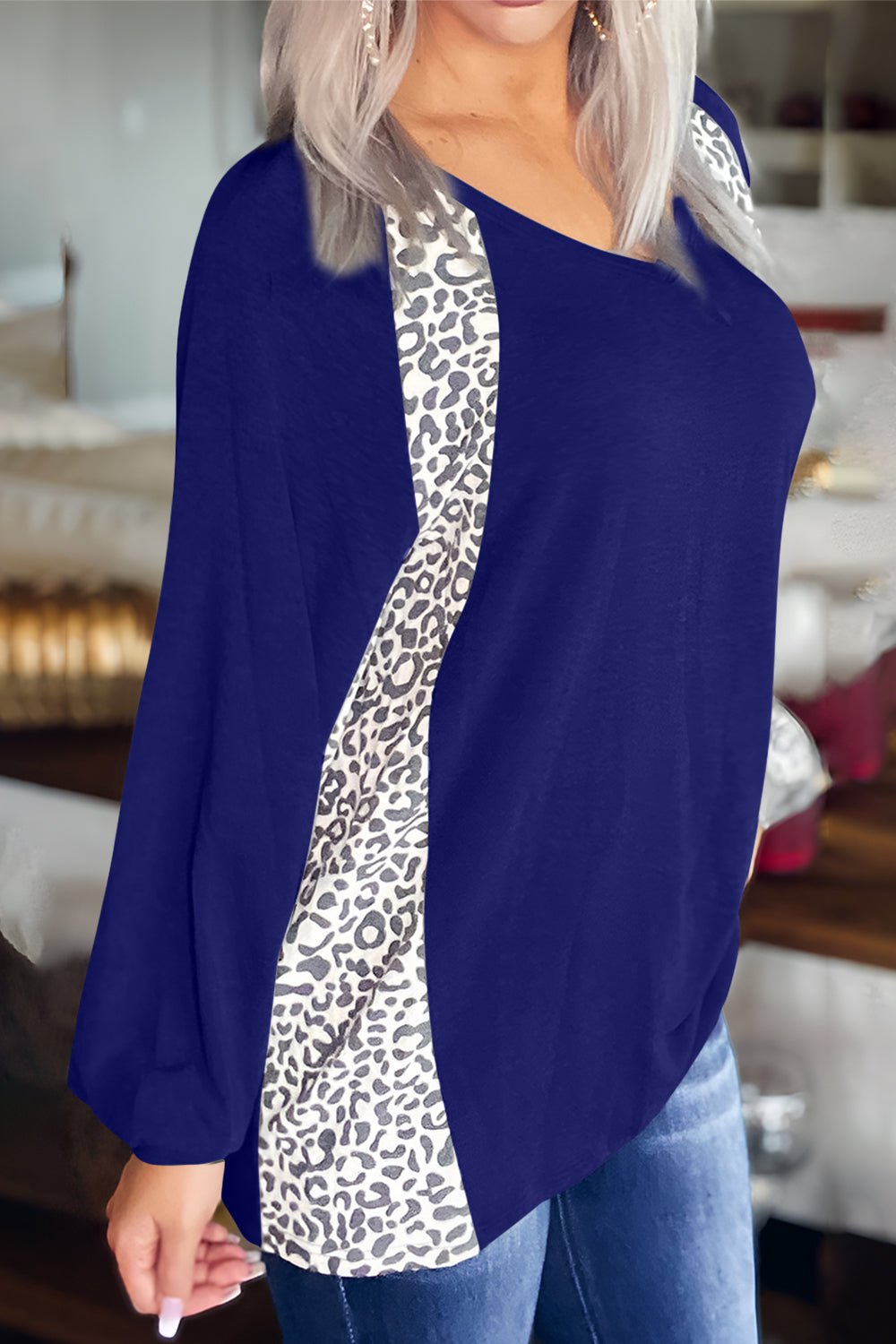 Full Size Leopard V-Neck Long Sleeve T-Shirt-Angel Casuals