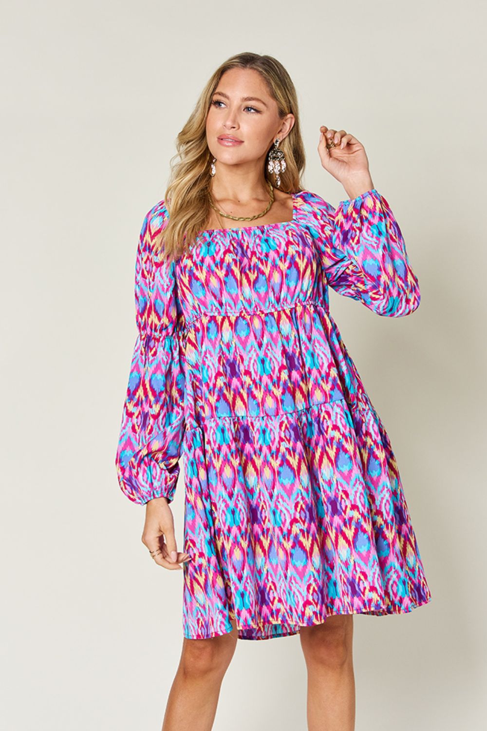 Double Take Full Size Printed Long Sleeve Dress-Angel Casuals