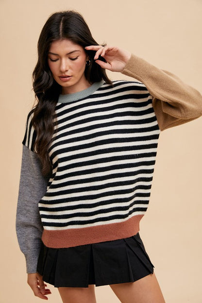 Annie Wear Striped Color Block Round Neck Sweater-Angel Casuals