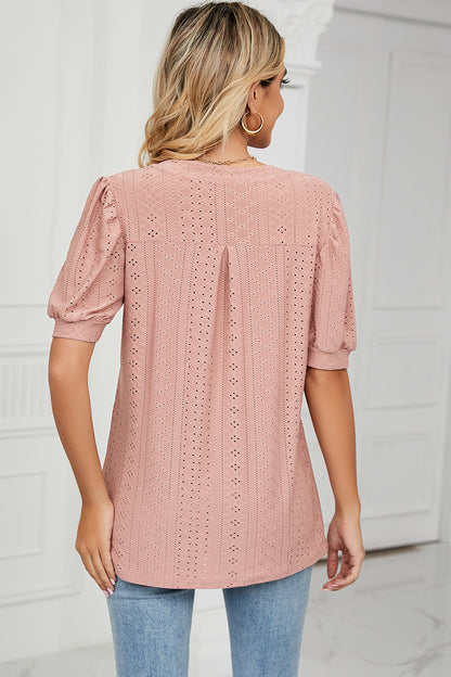 Eyelet Notched Short Sleeve T-Shirt-Angel Casuals