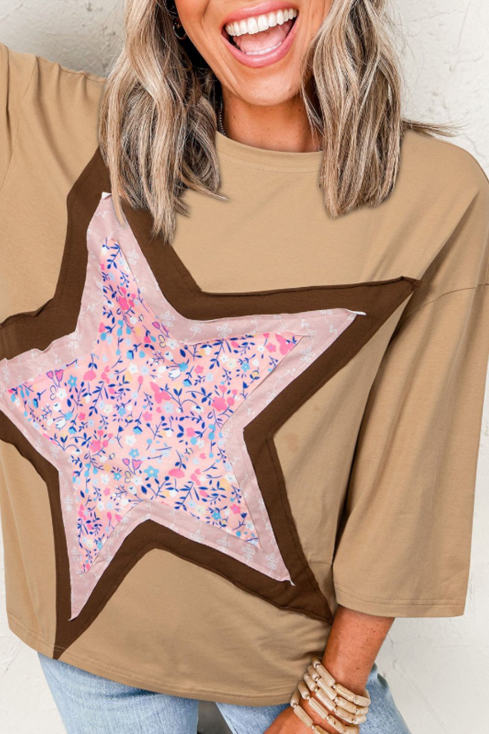 Star Applique Patch Round Neck T-Shirt-Angel Casuals