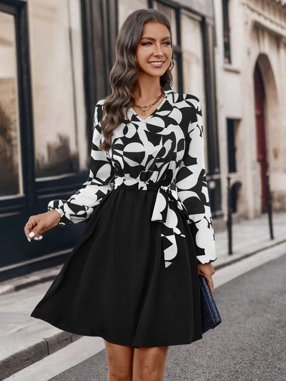 Contrast Notched Tie Front Long Sleeve Dress-Angel Casuals