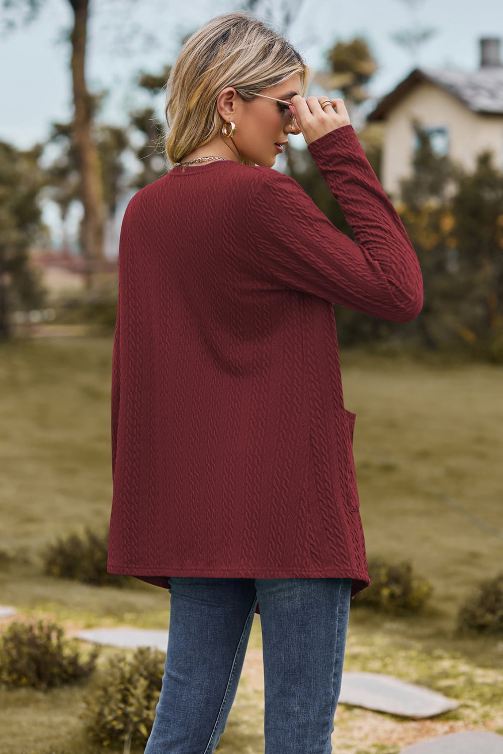 Cable-Knit Long Sleeve Cardigan with Pocket-Angel Casuals