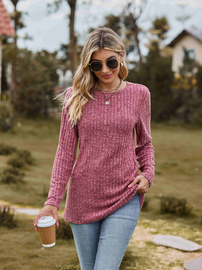 Ribbed Round Neck Long Sleeve Tee-Angel Casuals