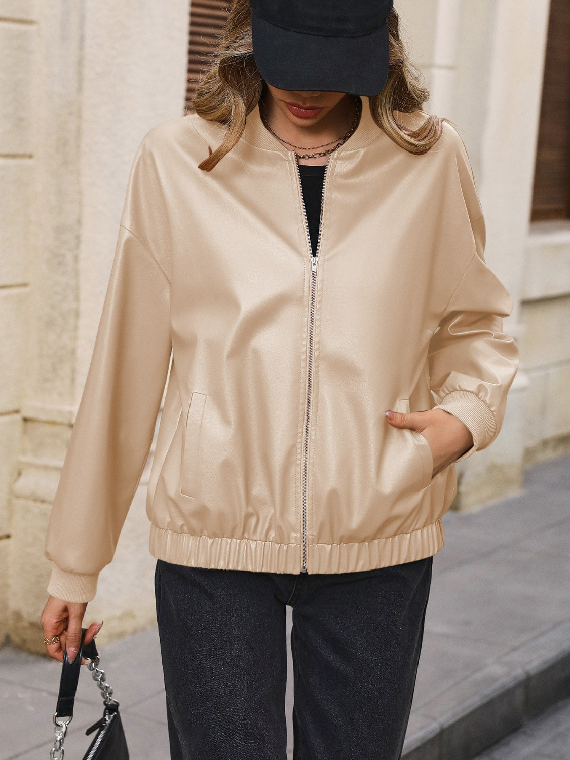 Ivy Lane Zip Up Baseball Collar Dropped Shoulder Jacket-Angel Casuals