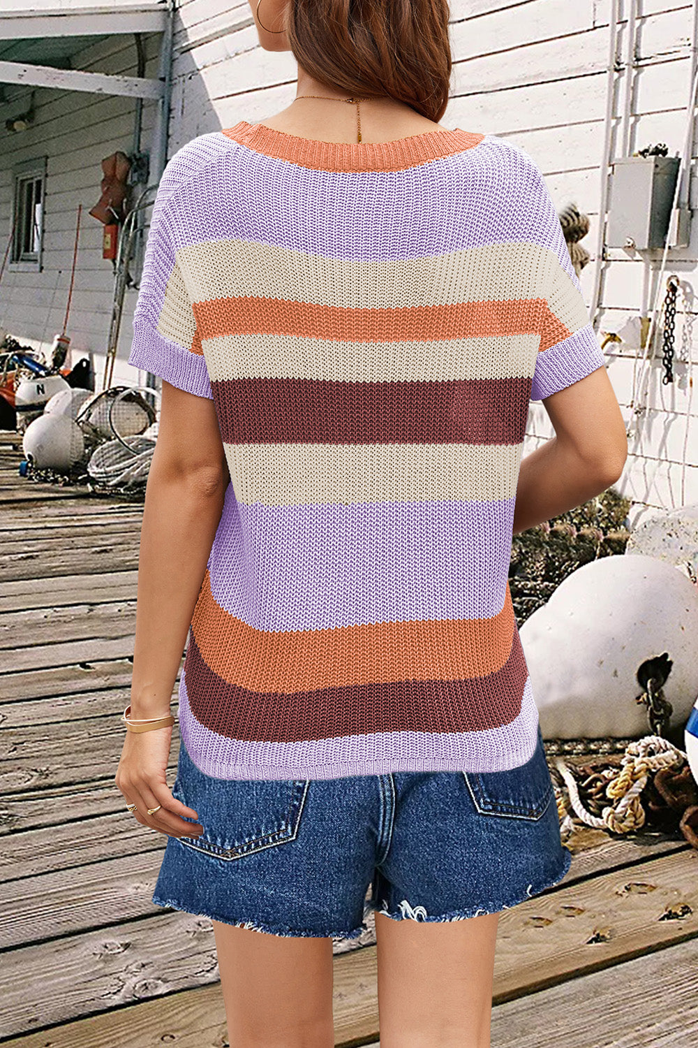 Striped Round Neck Short Sleeve Knit Top-Angel Casuals