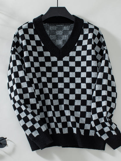 Checkered V-Neck Dropped Shoulder Sweater-Angel Casuals