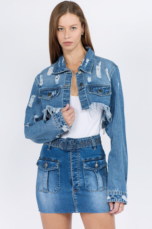 American Bazi Distressed Denim Jacket with Frayed Hem-Angel Casuals