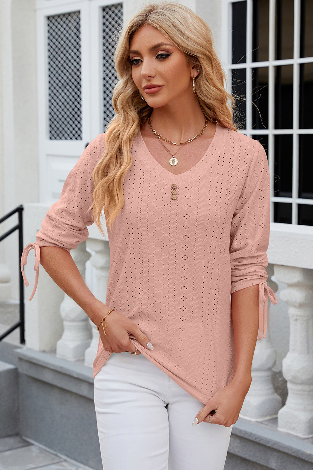 Eyelet Drawstring V-Neck Half Sleeve T-Shirt-Angel Casuals