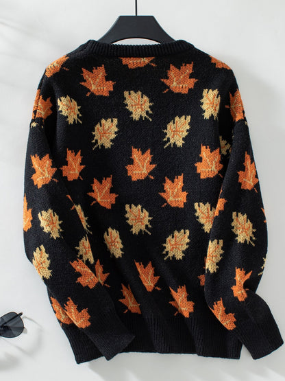 Maple Leaf Round Neck Long Sleeve Sweater-Angel Casuals