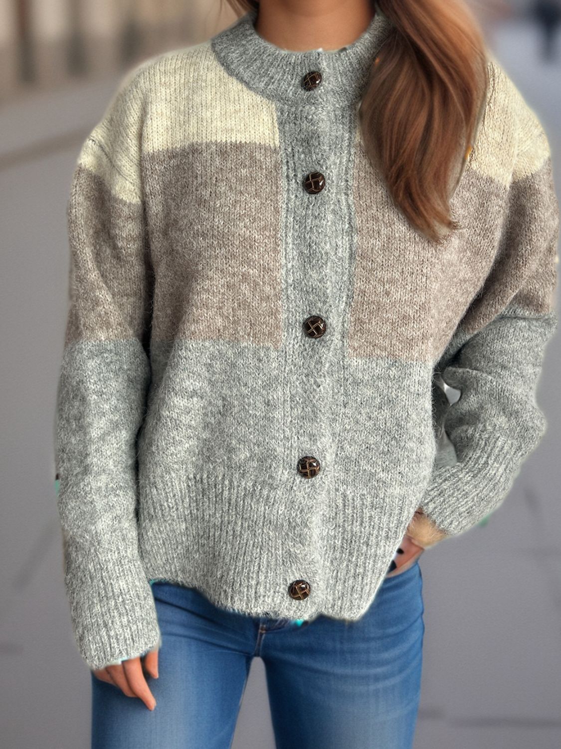 Color Block Round Neck Button Up Cardigan-Angel Casuals