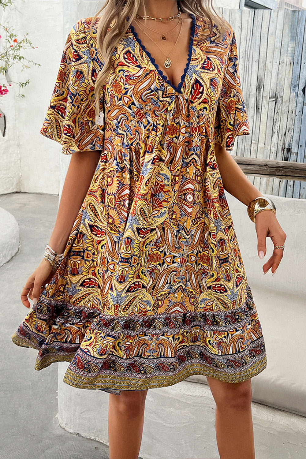 Printed V-Neck Half Sleeve Mini Dress-Angel Casuals