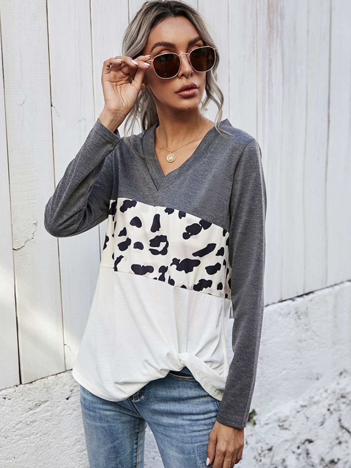 Leopard Color Block V-Neck Twisted Tee-Angel Casuals