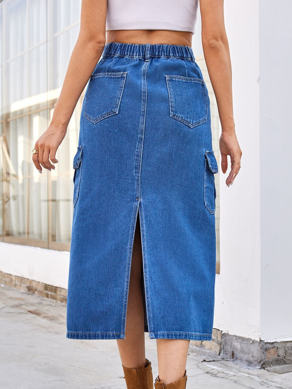 Slit Midi Denim Skirt with Pockets-Angel Casuals