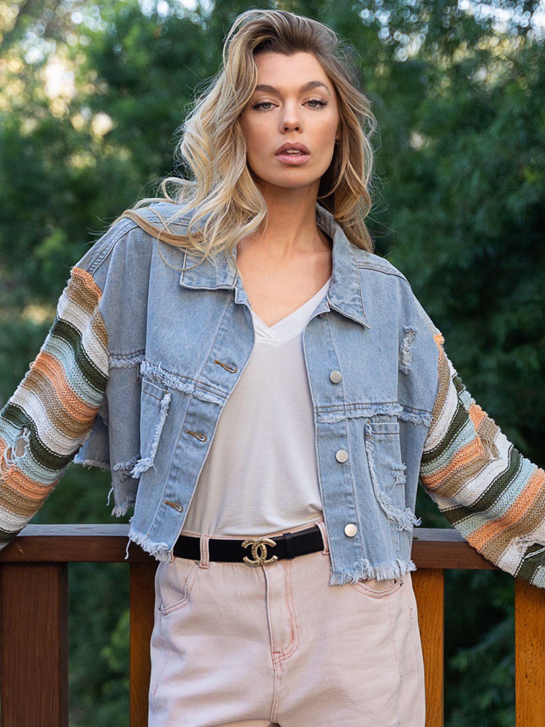 Distressed Striped Long Sleeve Denim Jacket-Angel Casuals