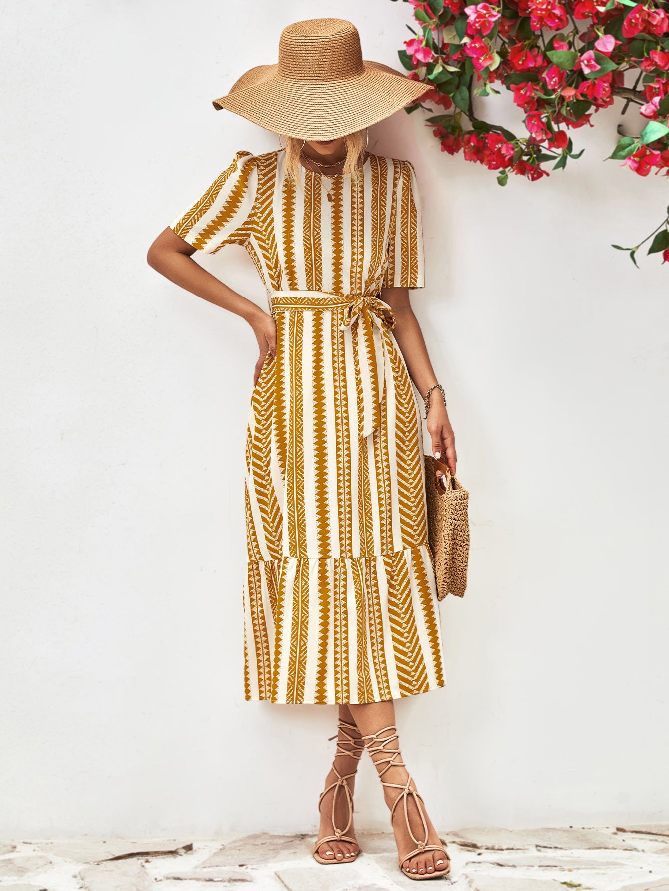 Striped Tie Belt Round Neck Puff Sleeve Dress-Angel Casuals