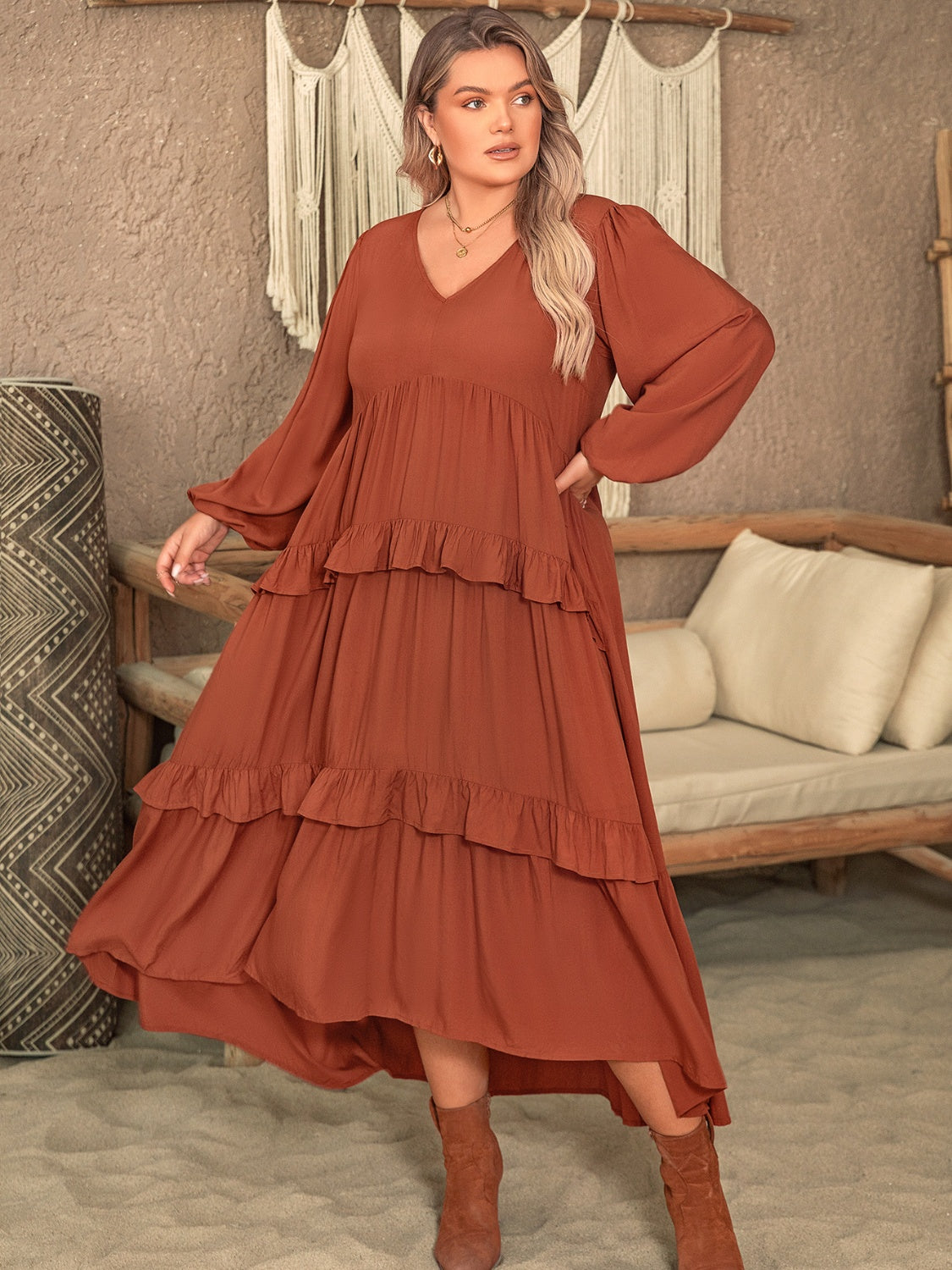 Plus Size Ruffled V-Neck Balloon Sleeve Dress-Angel Casuals