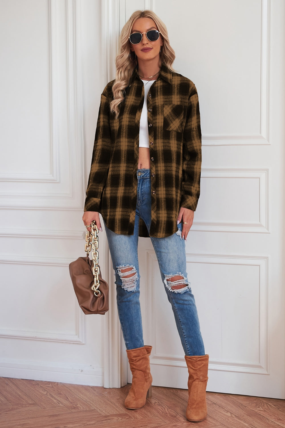 Plaid Button Up Dropped Shoulder Outerwear-Angel Casuals