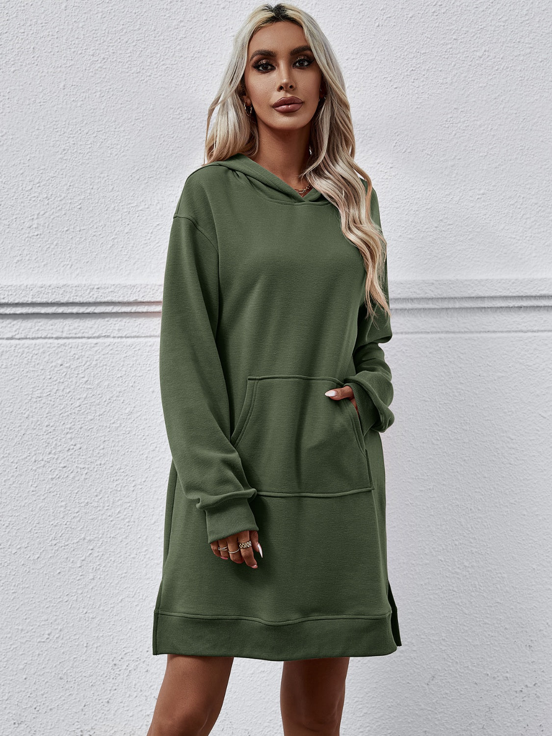 Slit Long Sleeve Hooded Dress with Pocket-Angel Casuals