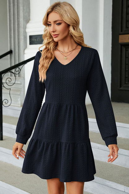 V-Neck Long Sleeve Mini Dress-Angel Casuals