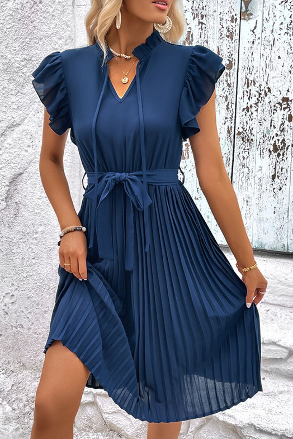 Tie Neck Belted Pleated Dress-Angel Casuals