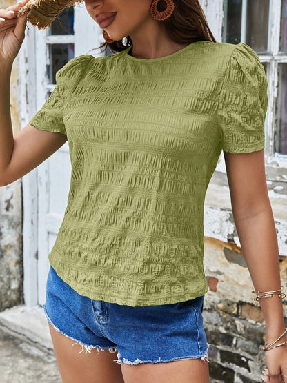 Ruched Round Neck Short Sleeve T-Shirt-Angel Casuals
