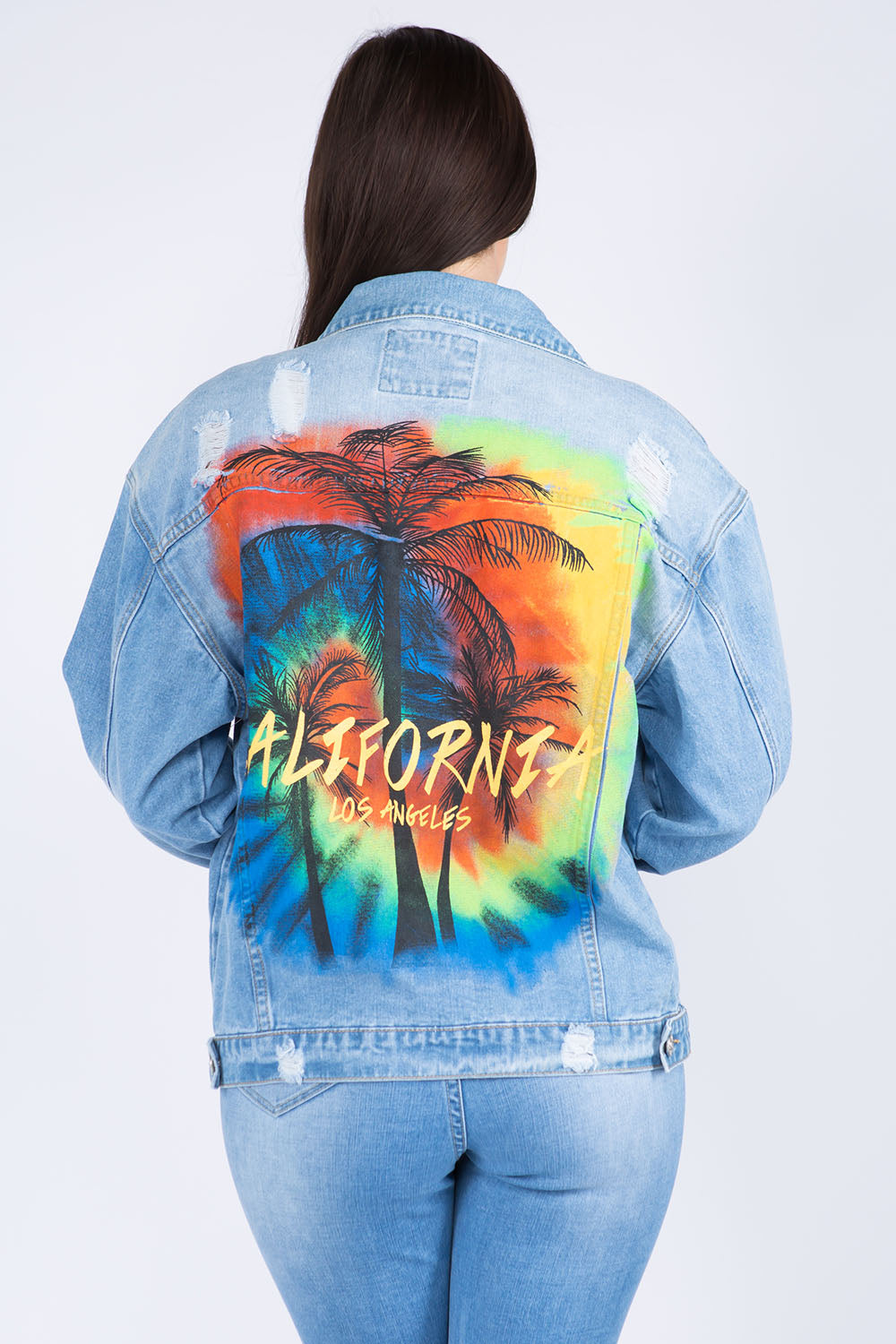 American Bazi Full Size Painted Back Distressed Denim Jacket-Angel Casuals