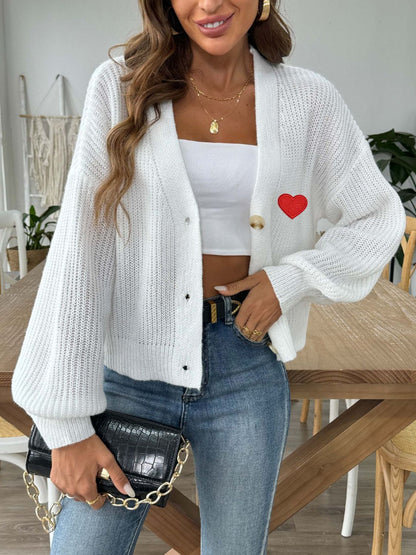 Heart Button Down V-Neck Long Sleeve Cardigan-Angel Casuals
