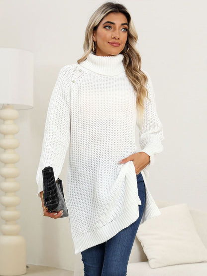 Slit Turtleneck Long Sleeve Sweater-Angel Casuals