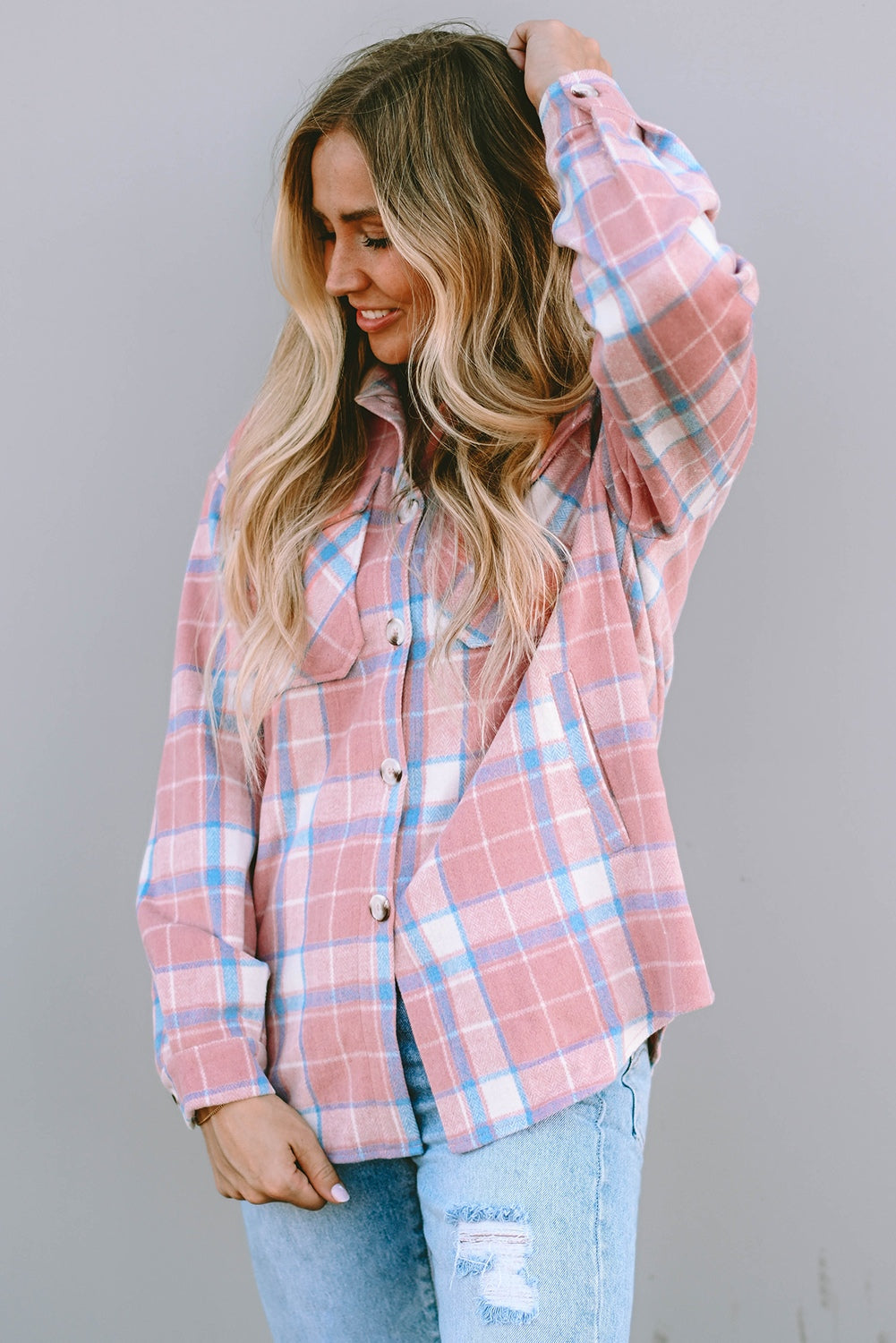 Plaid Pocketed Collared Neck Button Up Jacket-Angel Casuals