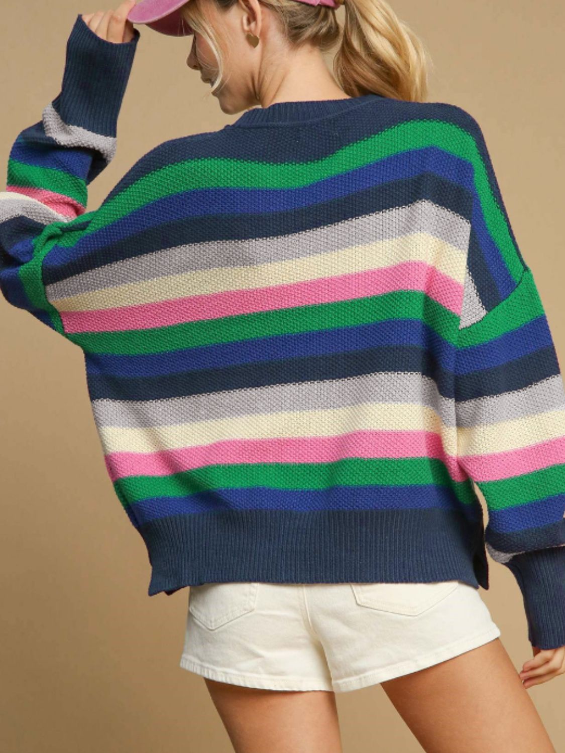 Contrast Striped Round Neck Long Sleeve Sweater-Angel Casuals