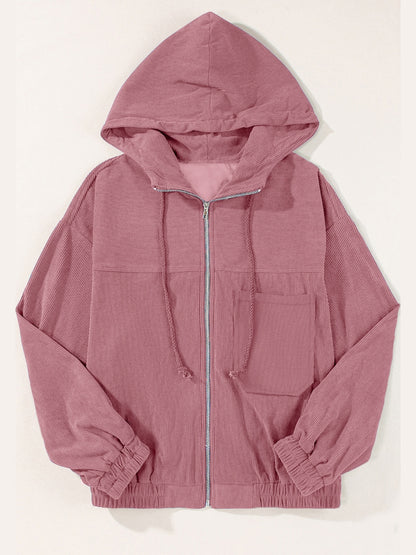 Drawstring Zip Up Long Sleeve Hooded Jacket-Angel Casuals