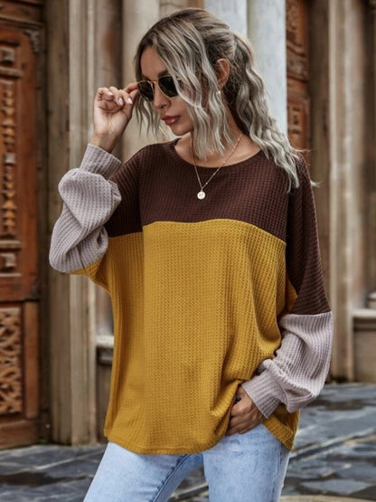 Color Block Waffle-Knit Long Sleeve Top-Angel Casuals