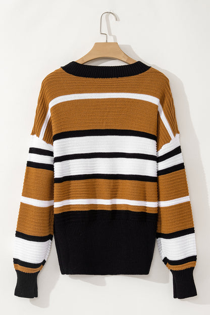 Contrast Stripes V Neck Long Sleeve Sweater-Angel Casuals