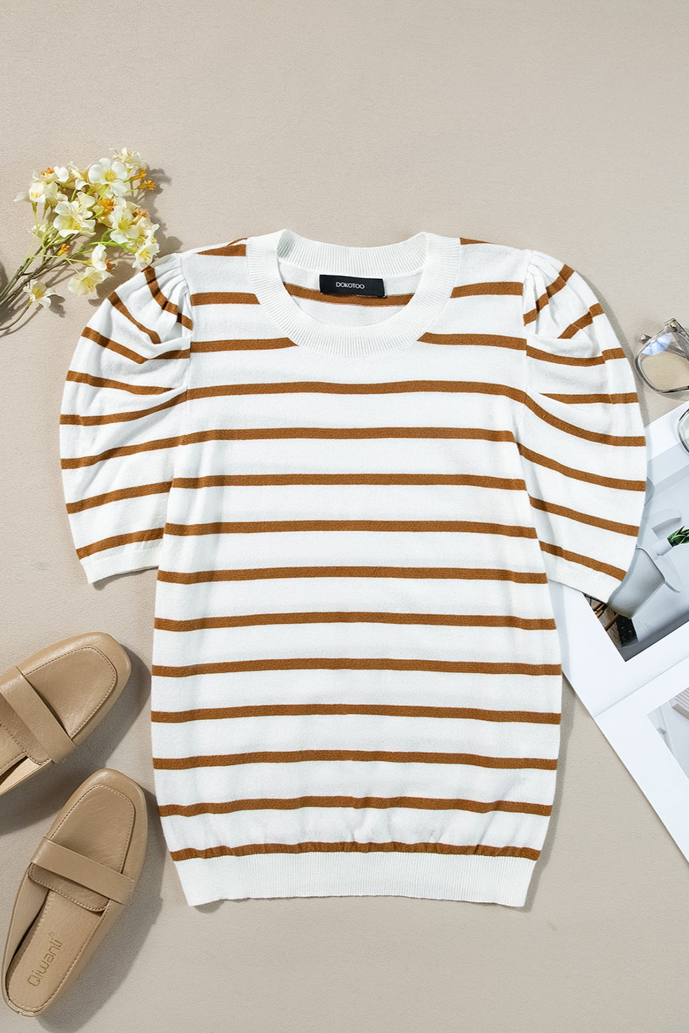 Striped Round Neck Puff Sleeve Knit Top-Angel Casuals