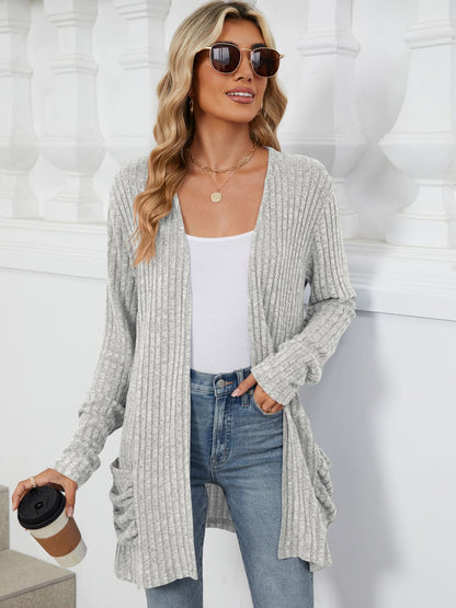 Pocketed Open Front Long Sleeve Cardigan-Angel Casuals