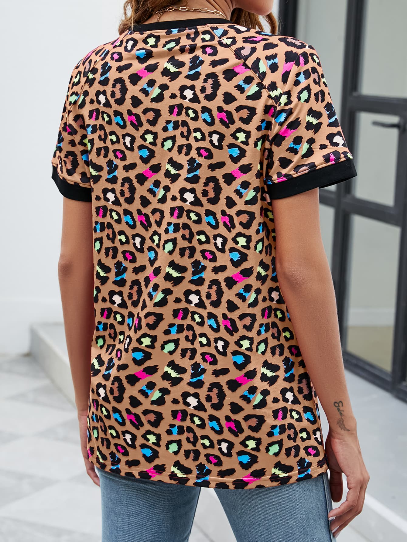 Leopard Round Neck Short Sleeve Tee Shirt-Angel Casuals