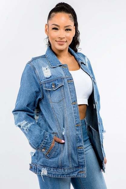 American Bazi Full Size Button Up Distressed Denim Jacket-Angel Casuals