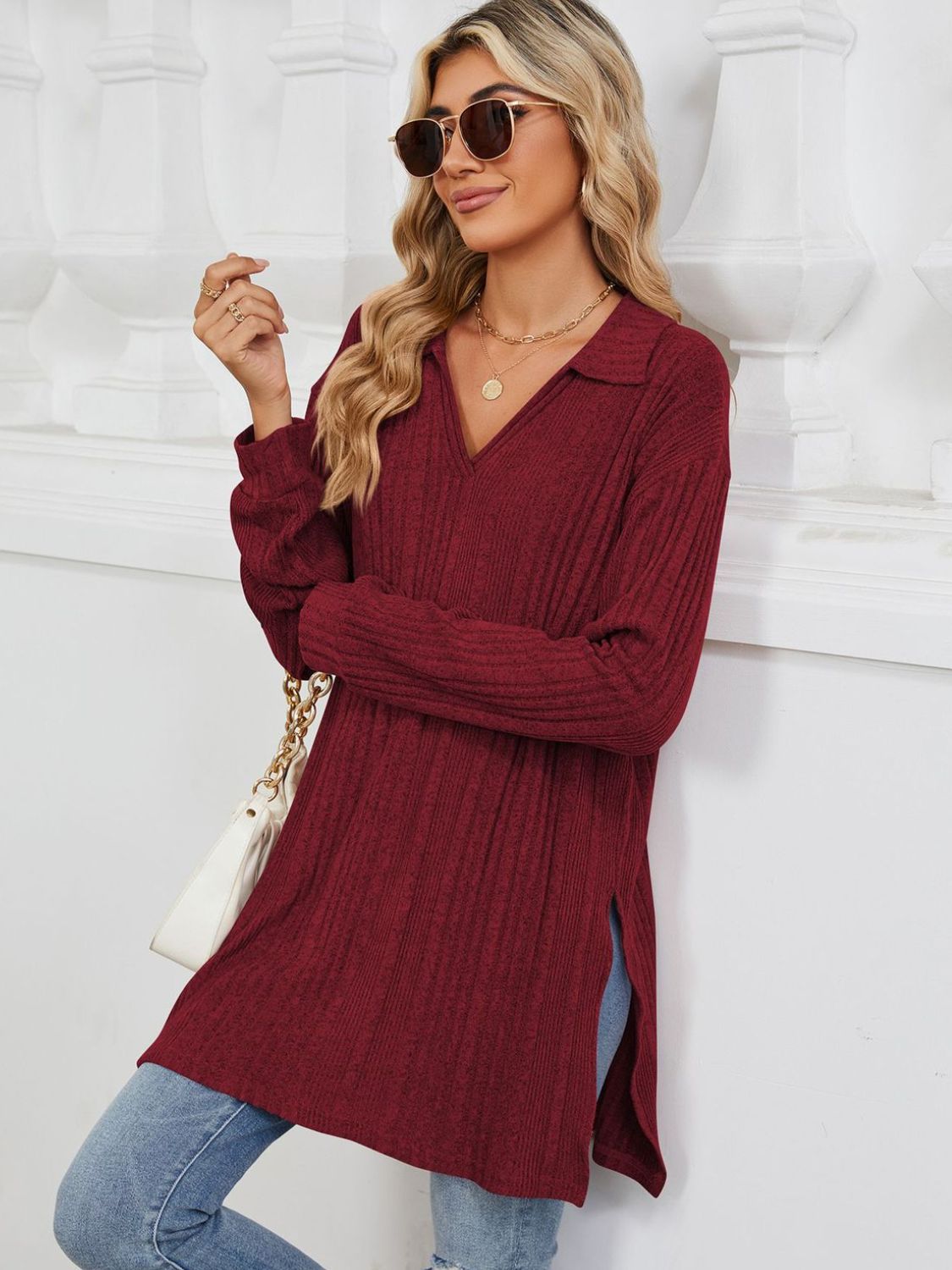 Slit Johnny Collar Long Sleeve T-Shirt-Angel Casuals