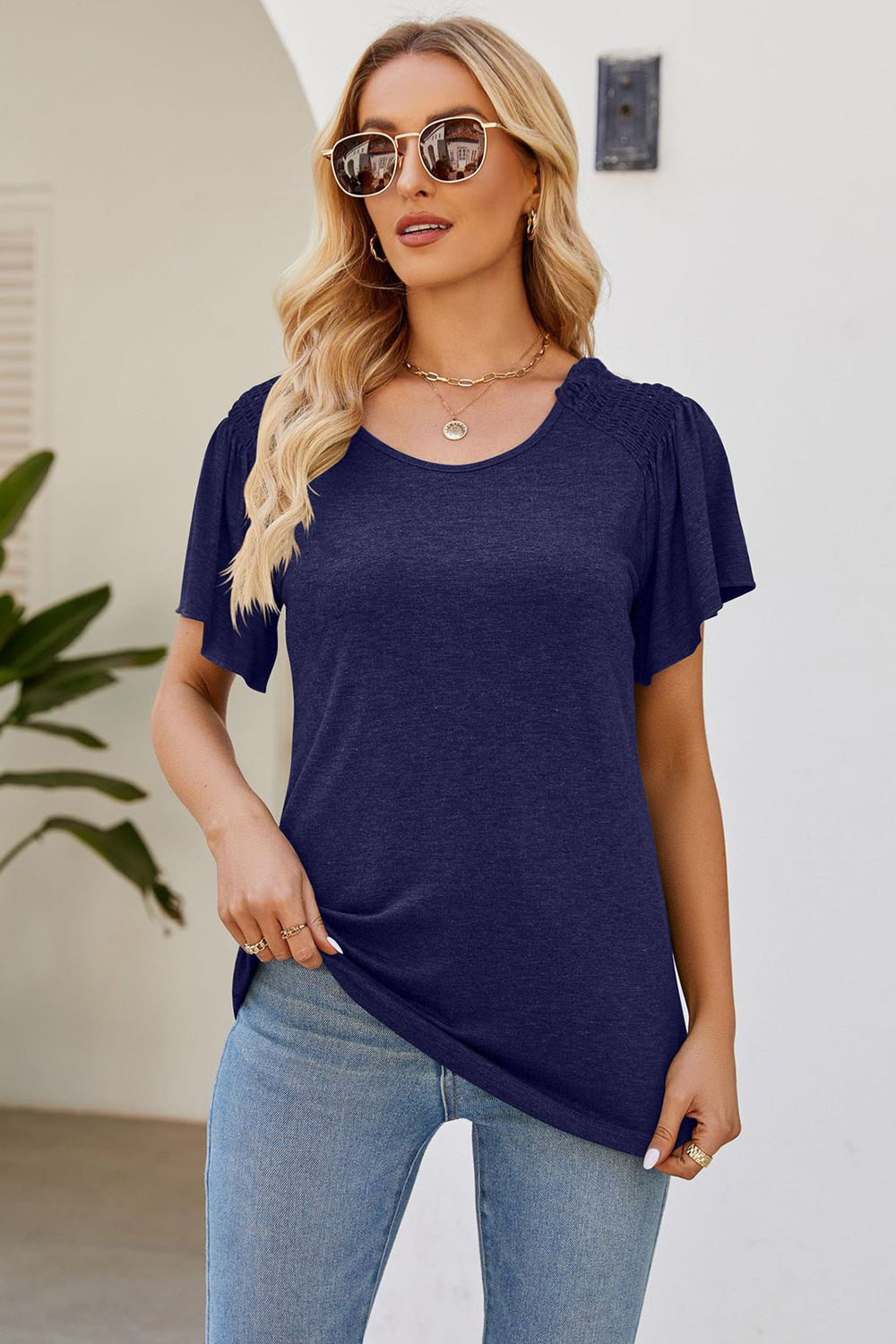 Smocked Round Neck Flutter Sleeve T-Shirt-Angel Casuals