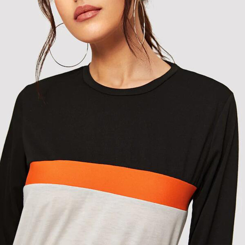 Color Block Round Neck Long Sleeve Tee-Angel Casuals