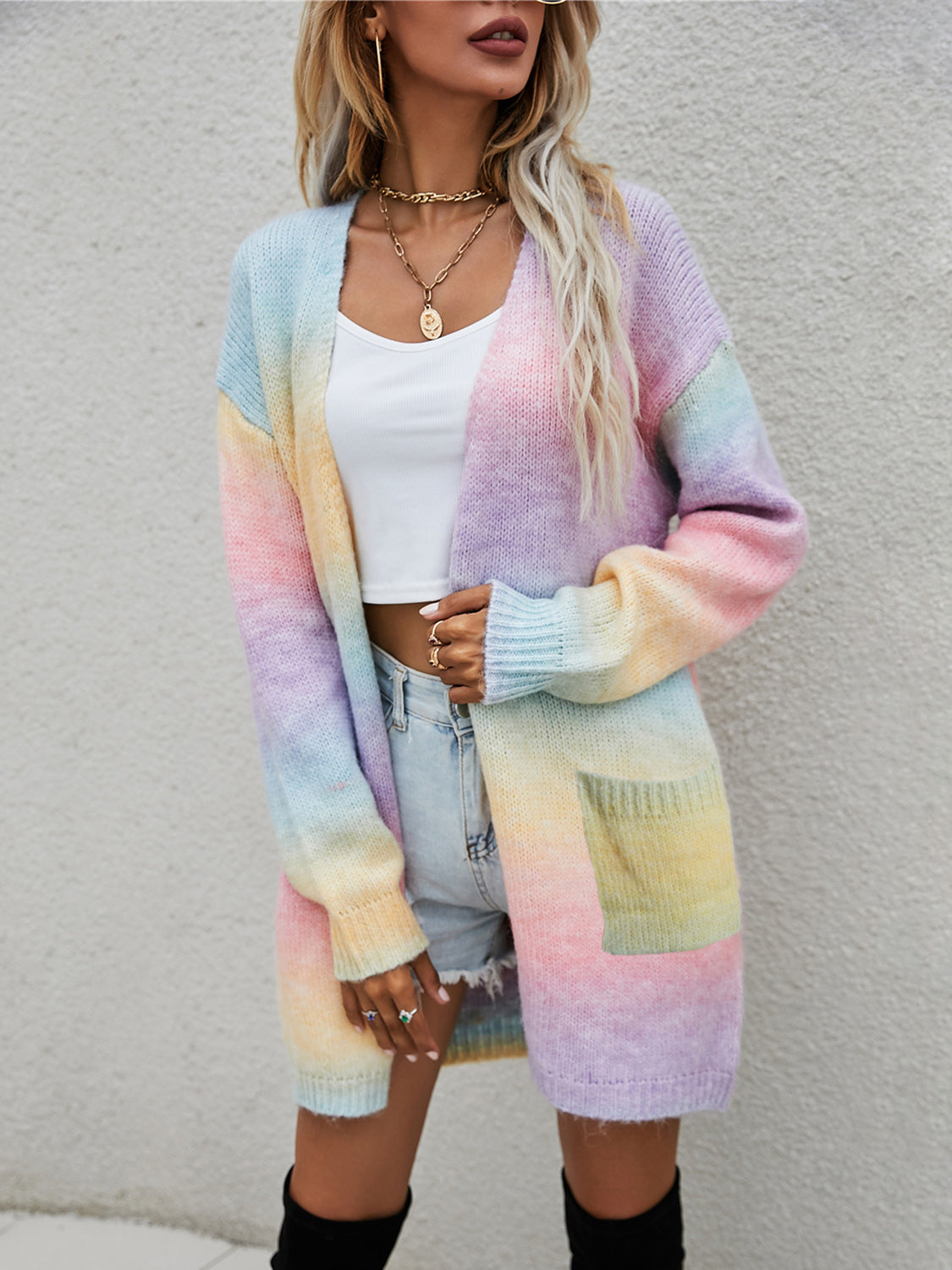 Angel Wings Full Size Pocketed Open Front Gradient Cardigan-Angel Casuals