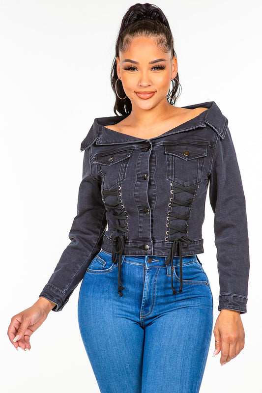 American Bazi Off Shoulder Lace Up Denim Jacket-Angel Casuals