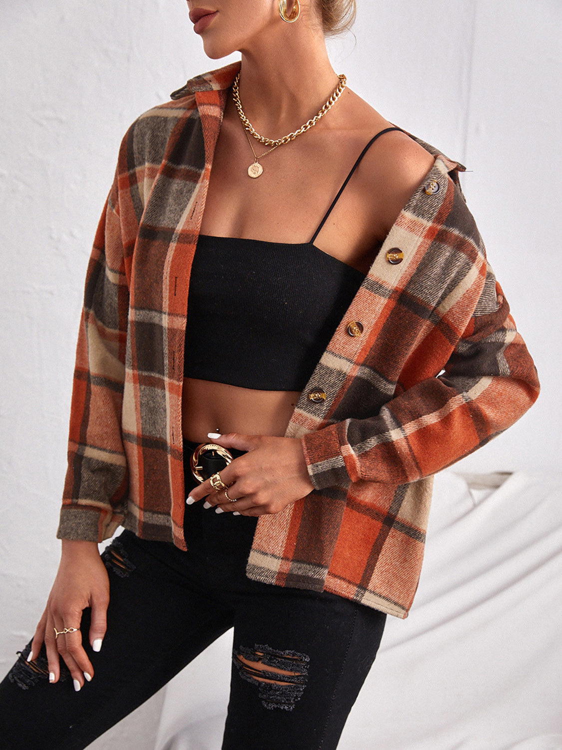 Plaid Collared Neck Button Down Jacket-Angel Casuals