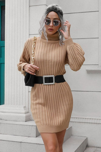 Ribbed Turtle Neck Long Sleeve Mini Sweater Dress-Angel Casuals